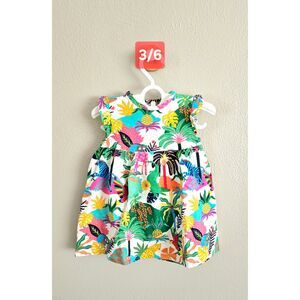 NWOT Baby Boden Jersey Frill Sleeve Dress-Coconut Milk Multi Jungle, Sz 3/6